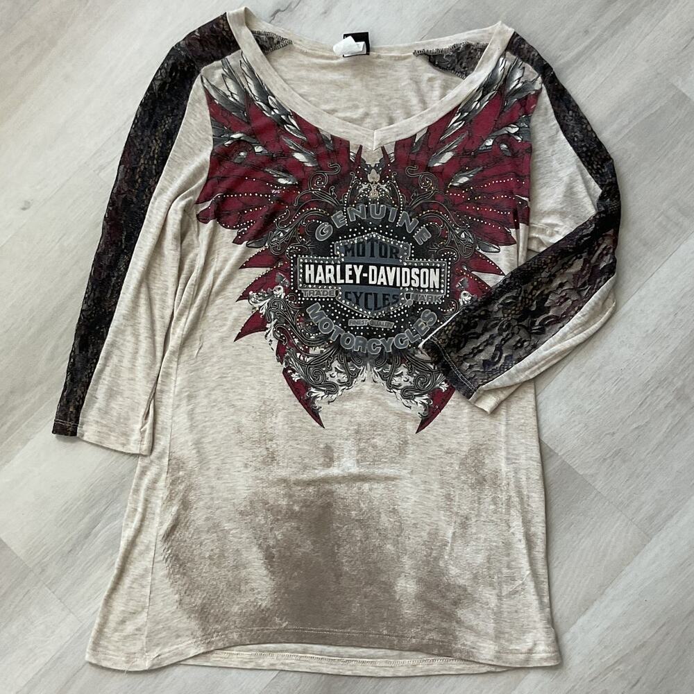 Harley Davidson Lace Sleeve Top Womens Large